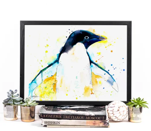 Adelie penguin with flippers spread, watercolor painting, limited edition art print by Slaveika Aladjova, view 2