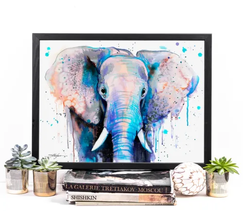 Blue elephant watercolor painting, limited edition art print by Slaveika Aladjova, view 2