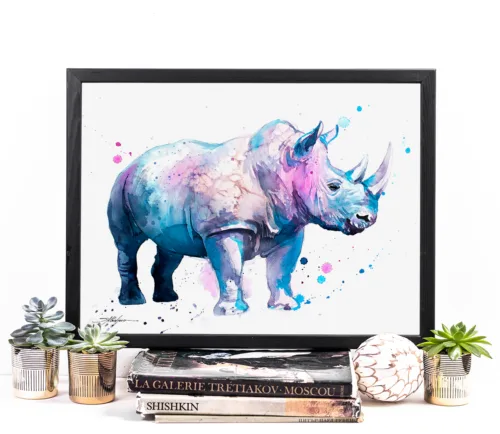 Blue rhinoceros watercolor painting, limited edition art print by Slaveika Aladjova, view 2