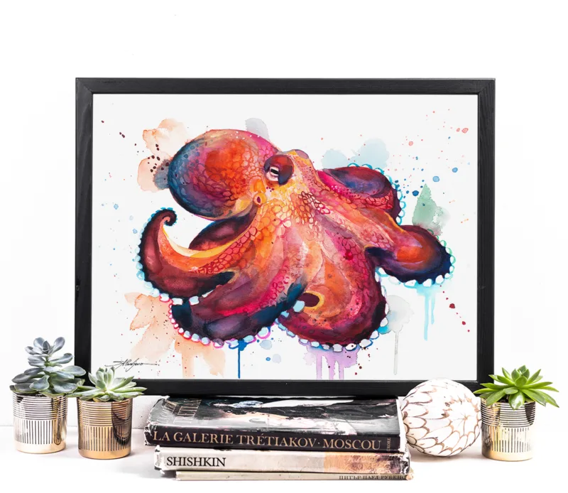 Coconut octopus watercolor painting, limited edition art print by Slaveika Aladjova, view 3
