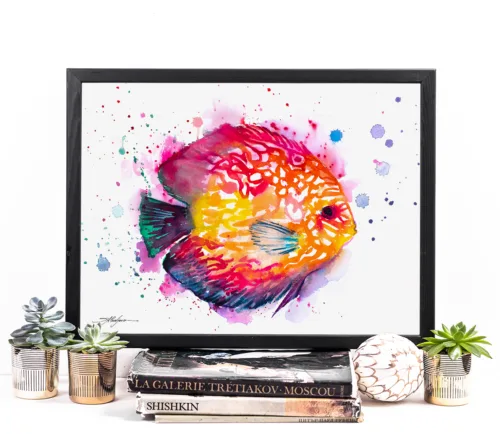 Discus fish watercolor painting, limited edition art print by Slaveika Aladjova