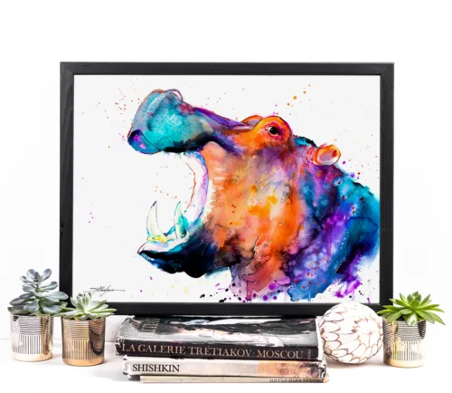 Hippo watercolor painting, limited edition art print by Slaveika Aladjova, view 2