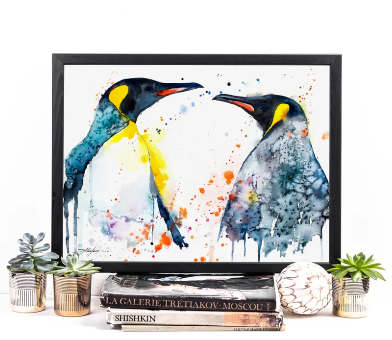 Two king penguins face to face, watercolor painting, limited edition art print by Slaveika Aladjova, view 2