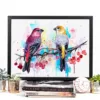 Two pine grosbeaks on a branch with berries, watercolor painting, limited edition art print by Slaveika Aladjova, view 2