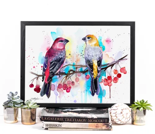 Two pine grosbeaks on a branch with berries, watercolor painting, limited edition art print by Slaveika Aladjova, view 2