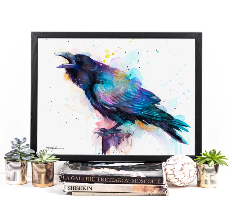 Raven watercolor painting, limited edition art print by Slaveika Aladjova, view 2