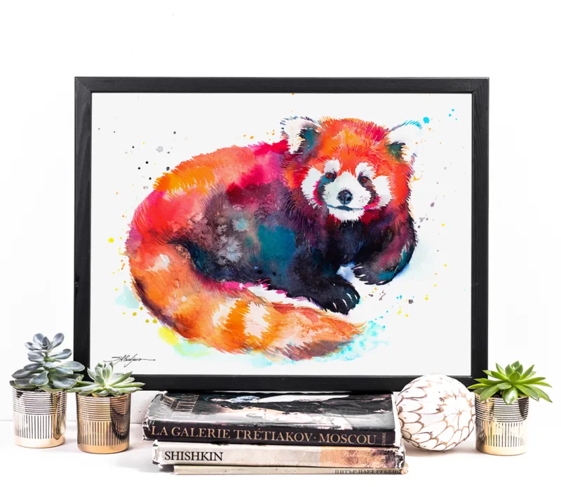 Red panda sitting with its tail curled, watercolor painting, limited edition art print by Slaveika Aladjova, view 2