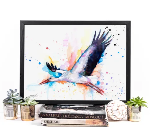 White stork watercolor painting, limited edition art print by Slaveika Aladjova, view 2