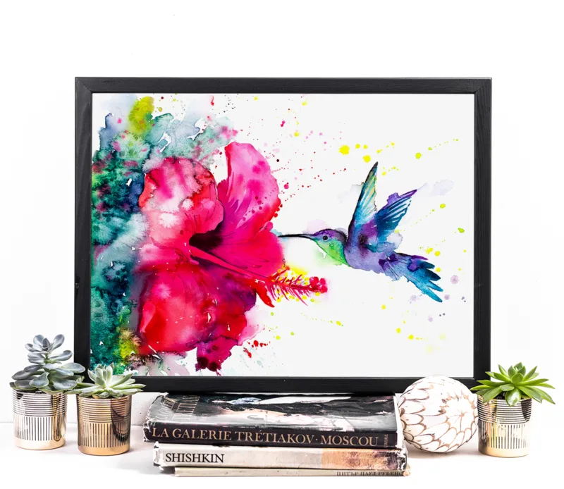 Violetear hummingbird watercolor painting in green and violet, limited edition art print by Slaveika Aladjova, view 3