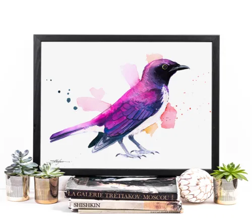 Amethyst starling watercolor painting, limited edition art print by Slaveika Aladjova, view 2