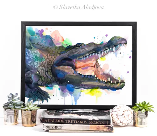 Alligator with open jaws, watercolor painting, limited edition art print by Slaveika Aladjova, view 2