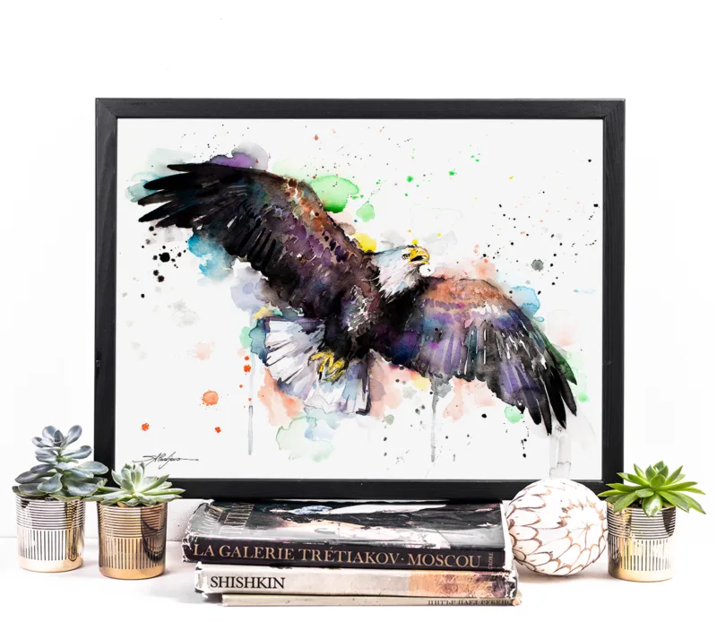 Bald eagle in flight watercolor painting, limited edition art print by Slaveika Aladjova