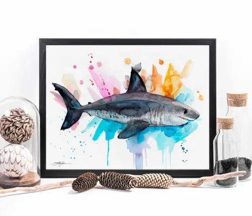 Salmon shark watercolor painting, limited edition art print by Slaveika Aladjova, view 2