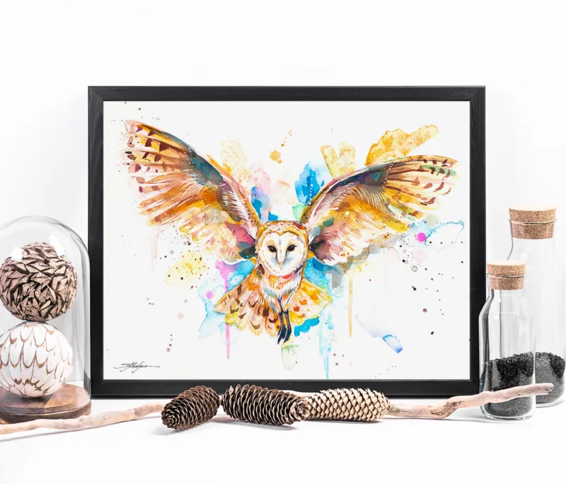Barn owl in flight watercolor painting, limited edition art print by Slaveika Aladjova, view 4