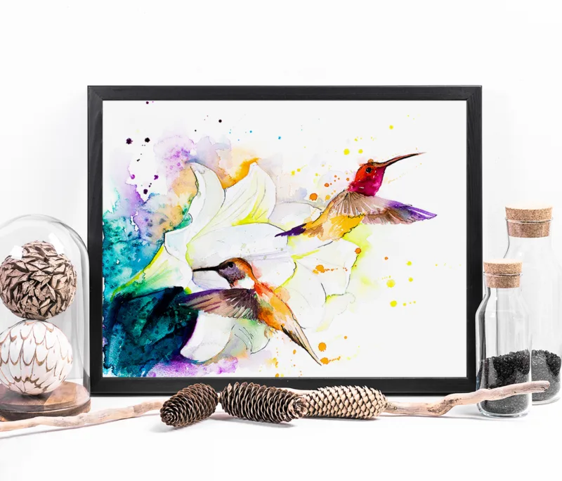 Two hummingbirds at a white flower, watercolor painting, limited edition art print by Slaveika Aladjova