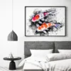 Two red and white koi on black ink, watercolor painting, limited edition art print by Slaveika Aladjova