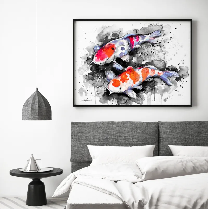Two red and white koi on black ink, watercolor painting, limited edition art print by Slaveika Aladjova