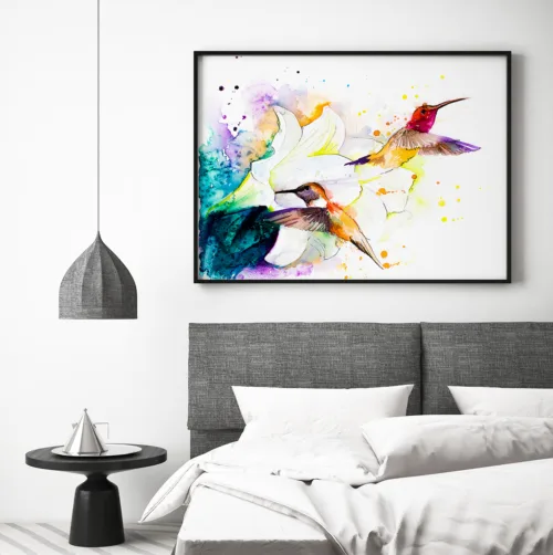 Two hummingbirds at a white flower, watercolor painting, limited edition art print by Slaveika Aladjova, view 2
