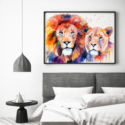 Lion and lioness side by side, watercolor painting, limited edition art print by Slaveika Aladjova, view 2