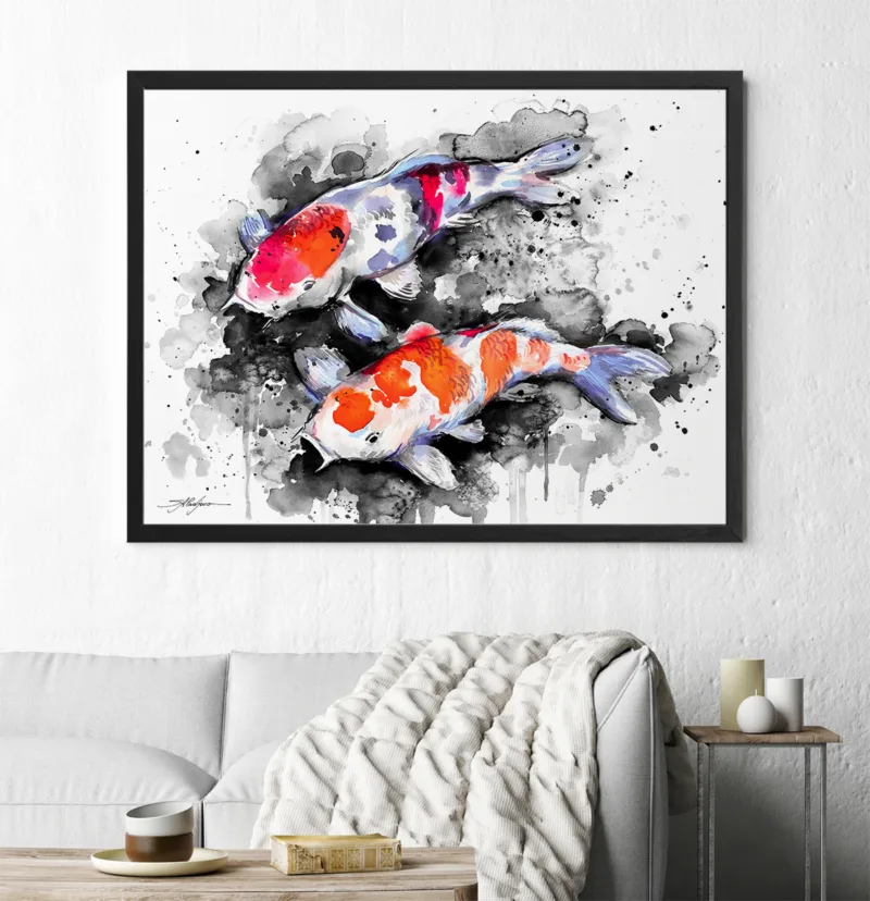 Two red and white koi on black ink, watercolor painting, limited edition art print by Slaveika Aladjova, view 2