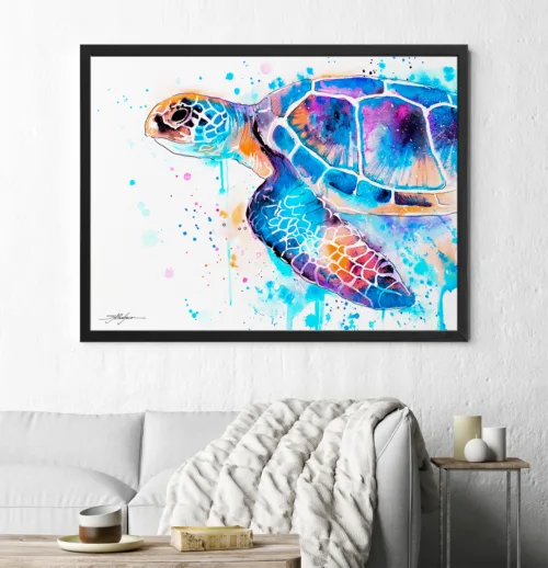 Blue Sea turtle Blue sea turtle watercolor painting seen from above, limited edition art print by Slaveika Aladjova