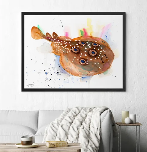 Eyed electric ray, common torpedo ray, watercolor painting, limited edition art print by Slaveika Aladjova