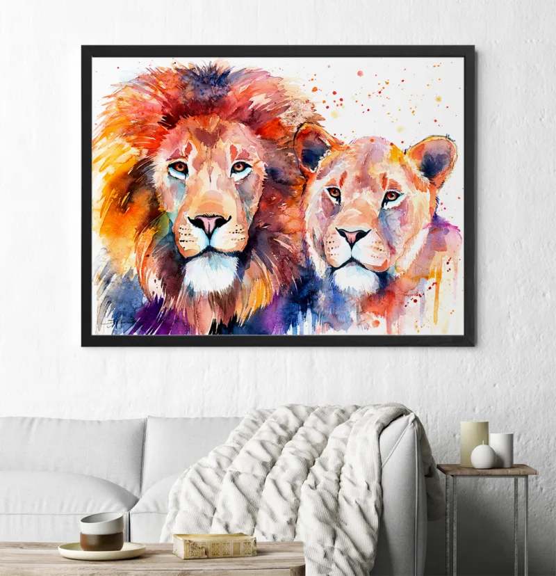 Lion and lioness side by side, watercolor painting, limited edition art print by Slaveika Aladjova, view 3