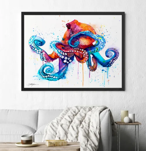 Home 8 Octopus watercolor painting in reds and violets, limited edition art print by Slaveika Aladjova, view 2