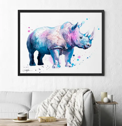Blue rhinoceros watercolor painting, limited edition art print by Slaveika Aladjova