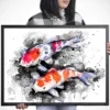 Two red and white koi on black ink, watercolor painting, limited edition art print by Slaveika Aladjova, view 3