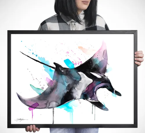 Giant Manta Ray, Mobulidae watercolor painting print by Slaveika Aladjova, art, animal, illustration, Sea art, sea life art, home decor, Giant manta ray watercolor painting, limited edition art print by Slaveika Aladjova