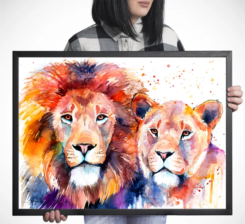 Lion and lioness side by side, watercolor painting, limited edition art print by Slaveika Aladjova, view 4