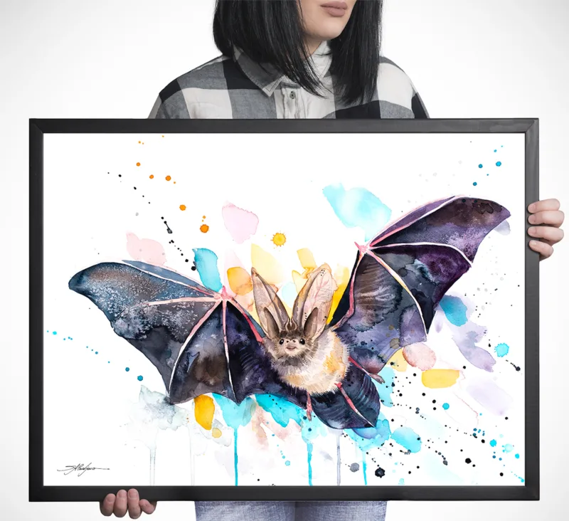 Townsend's big-eared bat in flight, watercolor painting, limited edition art print by Slaveika Aladjova, view 3