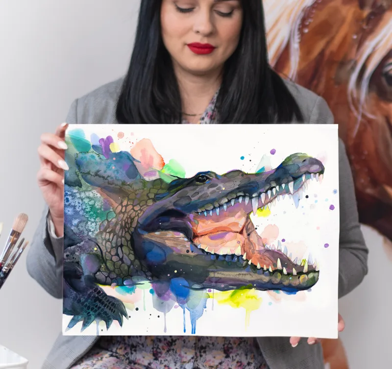Alligator with open jaws, watercolor painting, limited edition art print by Slaveika Aladjova