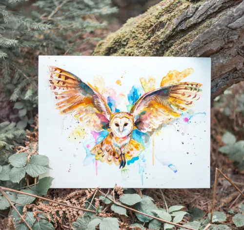 Barn owl in flight watercolor painting, limited edition art print by Slaveika Aladjova