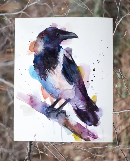 Hooded crow watercolor painting, limited edition art print by Slaveika Aladjova
