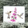 Two ruby-throated hummingbirds at pink flowers, watercolor painting, limited edition art print by Slaveika Aladjova