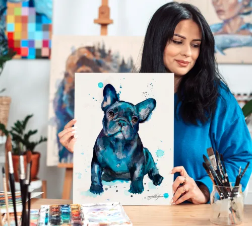 Black French bulldog puppy watercolor painting, limited edition art print by Slaveika Aladjova, view 2