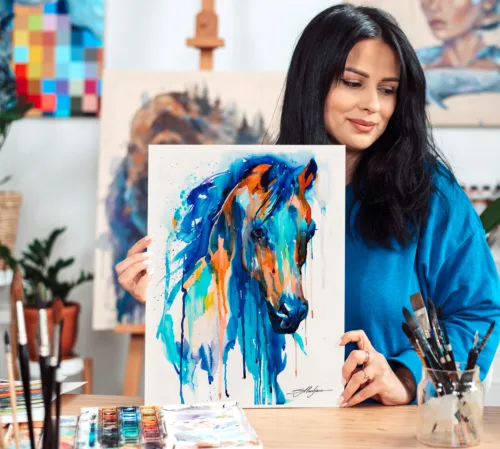 Blue horse watercolor painting, limited edition art print by Slaveika Aladjova