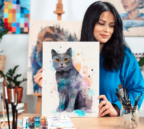 Chartreux cat watercolor painting, limited edition art print by Slaveika Aladjova