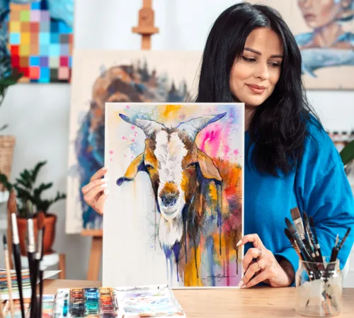 Goat watercolor painting, limited edition art print by Slaveika Aladjova, view 2