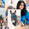 Grey donkey with teal and rust, watercolor painting, limited edition art print by Slaveika Aladjova, view 2