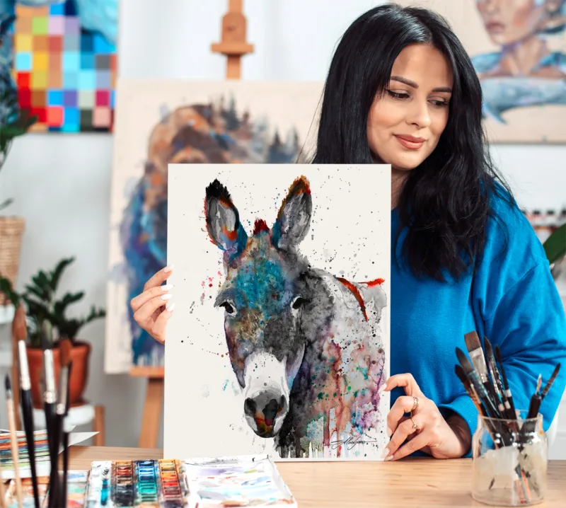 Grey donkey with teal and rust, watercolor painting, limited edition art print by Slaveika Aladjova, view 2