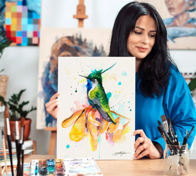Green-crowned plovercrest hummingbird watercolor painting, limited edition art print by Slaveika Aladjova, view 2