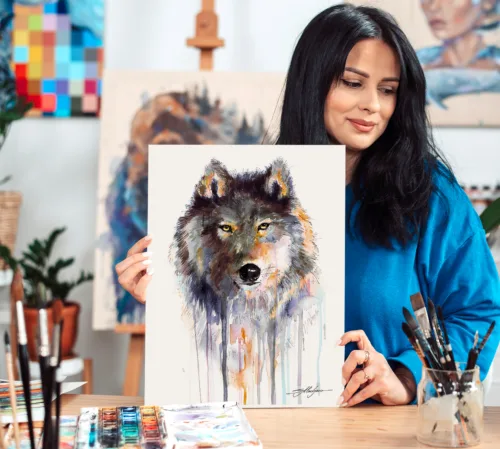 Grey wolf watercolor painting, limited edition art print by Slaveika Aladjova, view 2