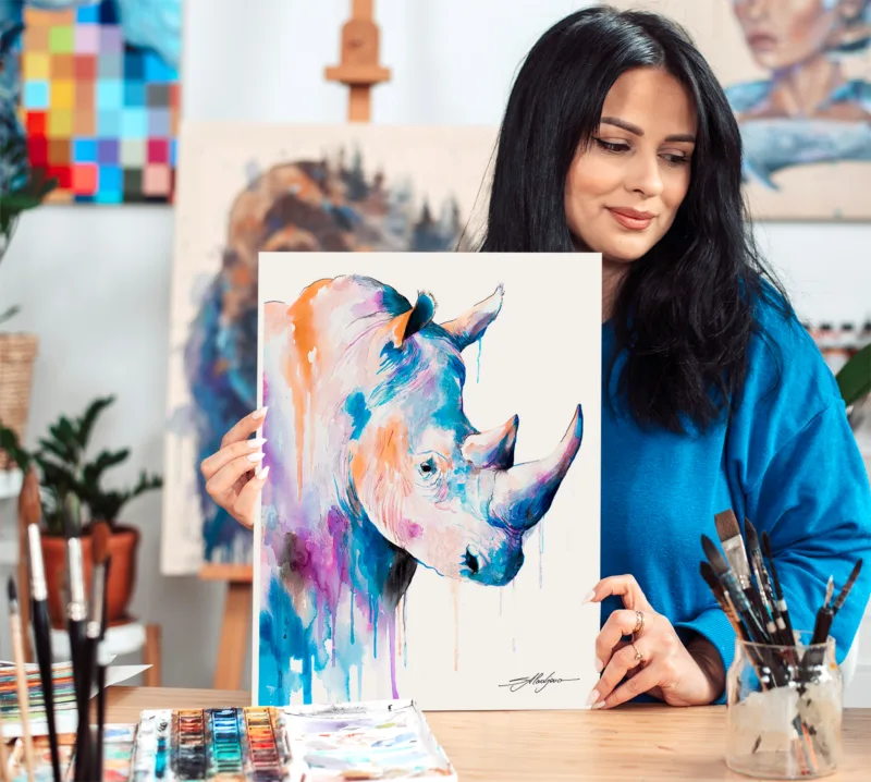 Blue rhino watercolor painting, limited edition art print by Slaveika Aladjova