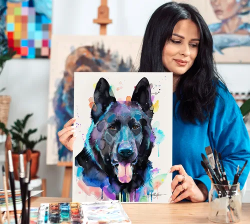 Black German Shepherd watercolor painting, limited edition art print by Slaveika Aladjova, view 2
