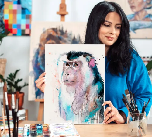 Macaque watercolor painting, limited edition art print by Slaveika Aladjova, view 2