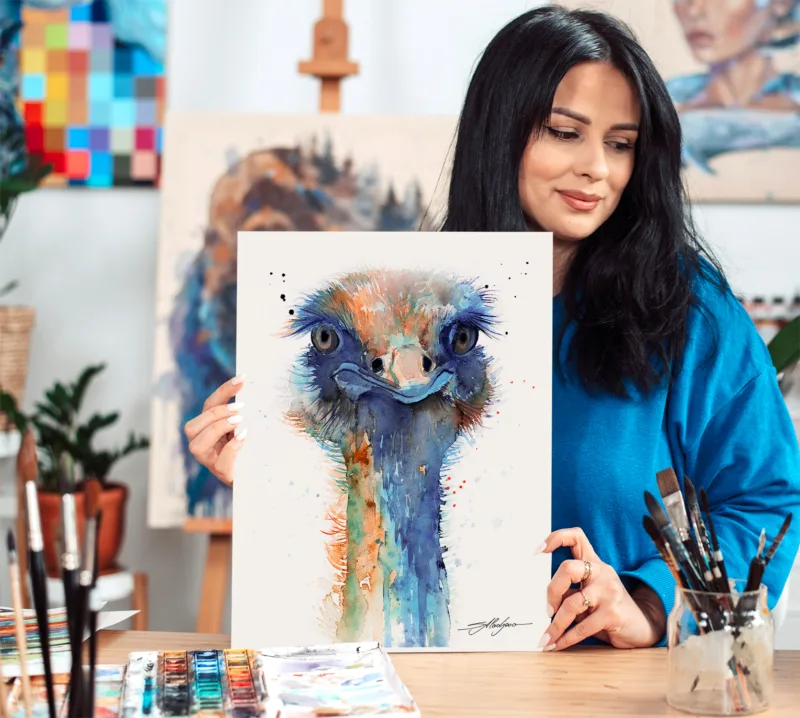 Ostrich watercolor painting, limited edition art print by Slaveika Aladjova, view 2