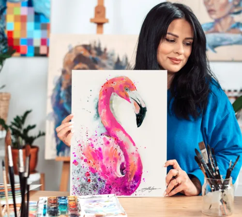 Home 11 Pink flamingo watercolor painting, limited edition bird art print by Slaveika Aladjova, view 2